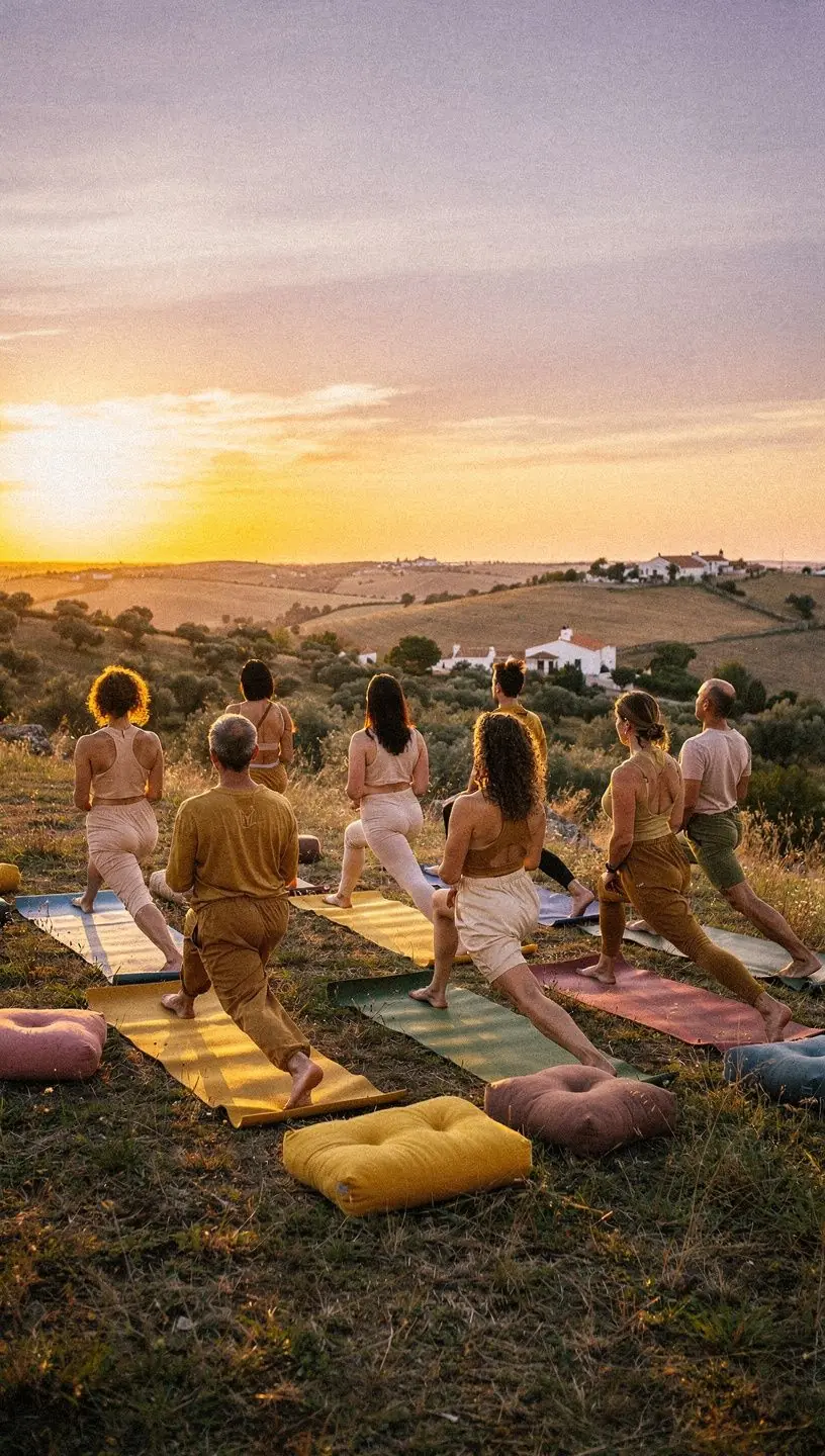 Um grupo de pessoas fazendo exercícios de yoga em um campo verdejante, rodeadas por natureza.