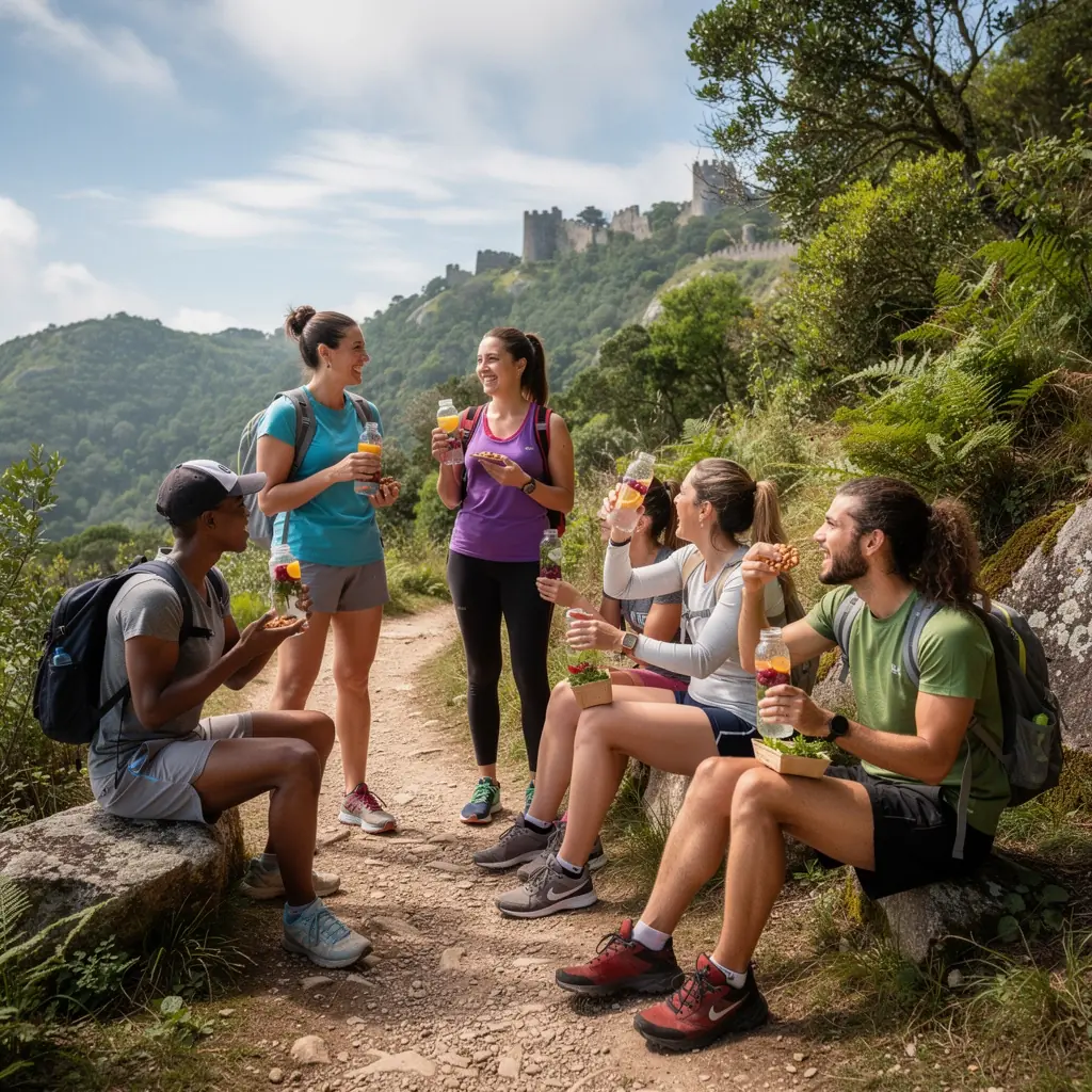 Instrutor de yoga guiando uma aula ao ar livre, com alunos concentrados em suas posturas.