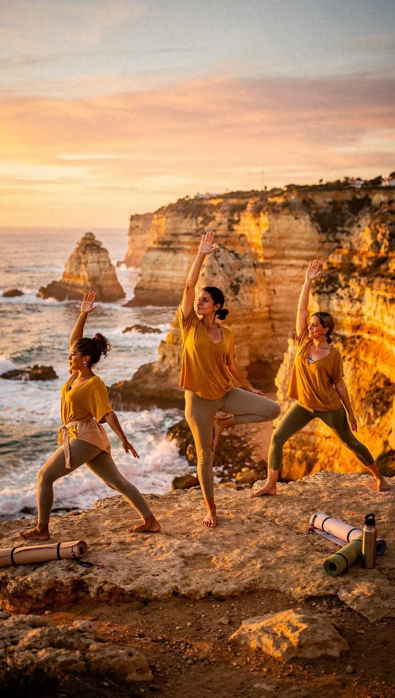 Grupo de pessoas realizando exercícios de yoga em um estúdio iluminado, demonstrando união e energia.