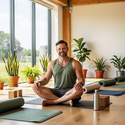 Praticante de yoga ao pôr do sol em uma praia portuguesa, rodeado por vegetação natural.